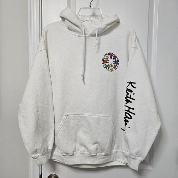 Keith Haring Artist White Pull Over Hoodie Hooded Sweat Shirt Size Large EUC - Picture 2 of 9